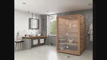 3D Виртуальный тур по щитовой сауне со стеклянным фасадом из кедра